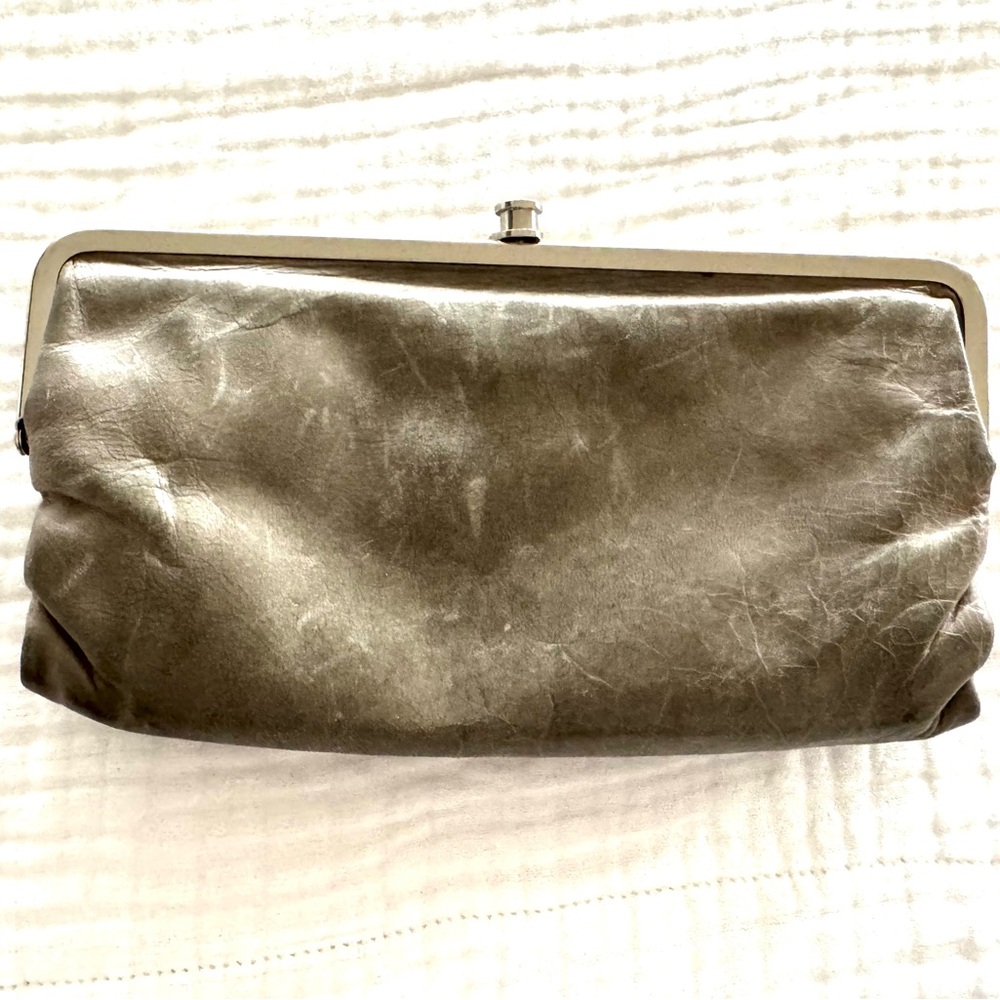 HOBO Taupe Clutch with Structured Metal Frame